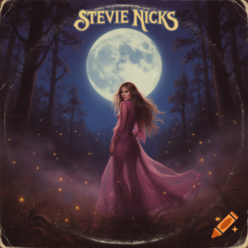 Vintage album cover art of a woman in a pink sheer dress in a misty forest under a full moon, with 'STEVIE NICKS' text.