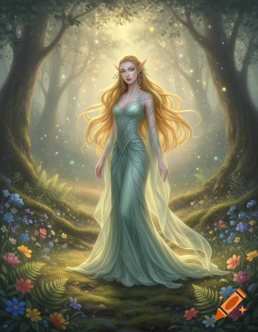 A female elf with long blonde hair, green eyes, and pointed ears, wearing a flowing teal dress, stands in a luminous, flower-filled fantasy forest.