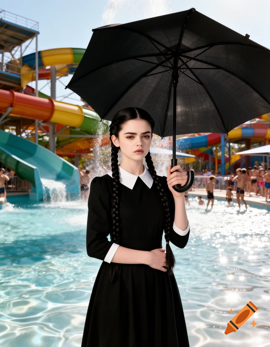 A young woman resembling Wednesday Addams with braided hair and a black dress stands holding an umbrella in a sunny waterpark.