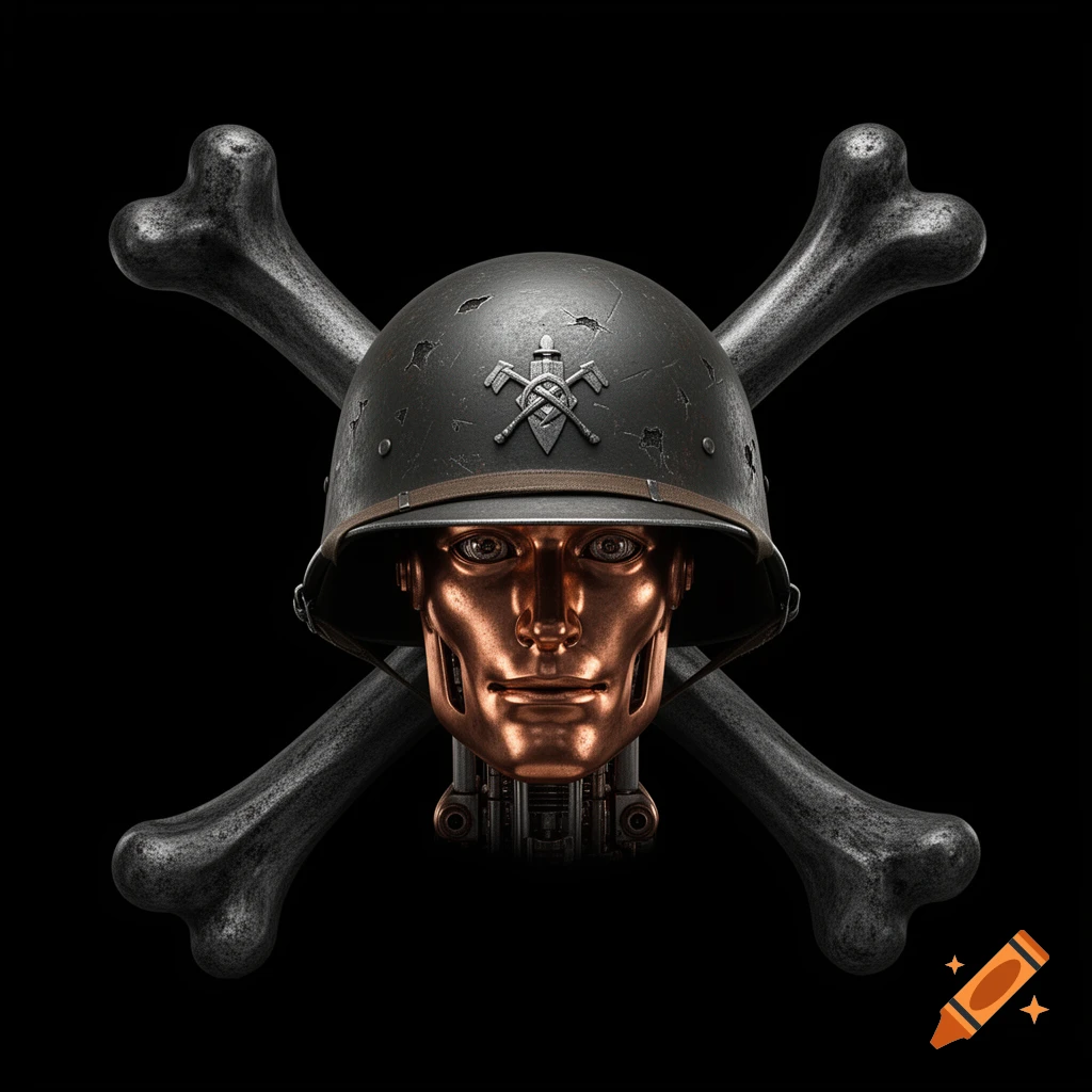 A detailed, photorealistic image of a copper-faced robot head wearing a dark, weathered WWII-era military helmet with crossed bones behind it, on a black background.
