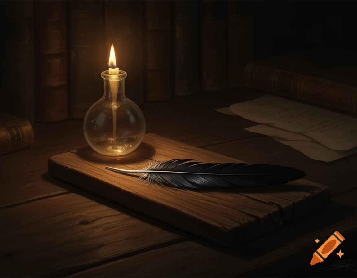 A lit candle in a glass flask, a black feather quill, and papers on a wooden desk with books in the background. Photorealistic style.