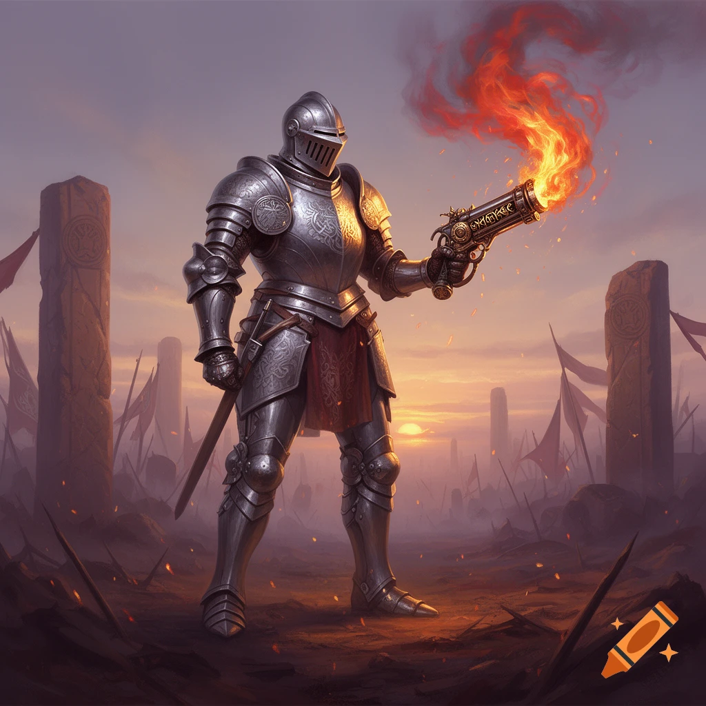 A knight in shining full plate armor holds an ornate, flaming gun in a desolate, flag-strewn landscape at sunset.