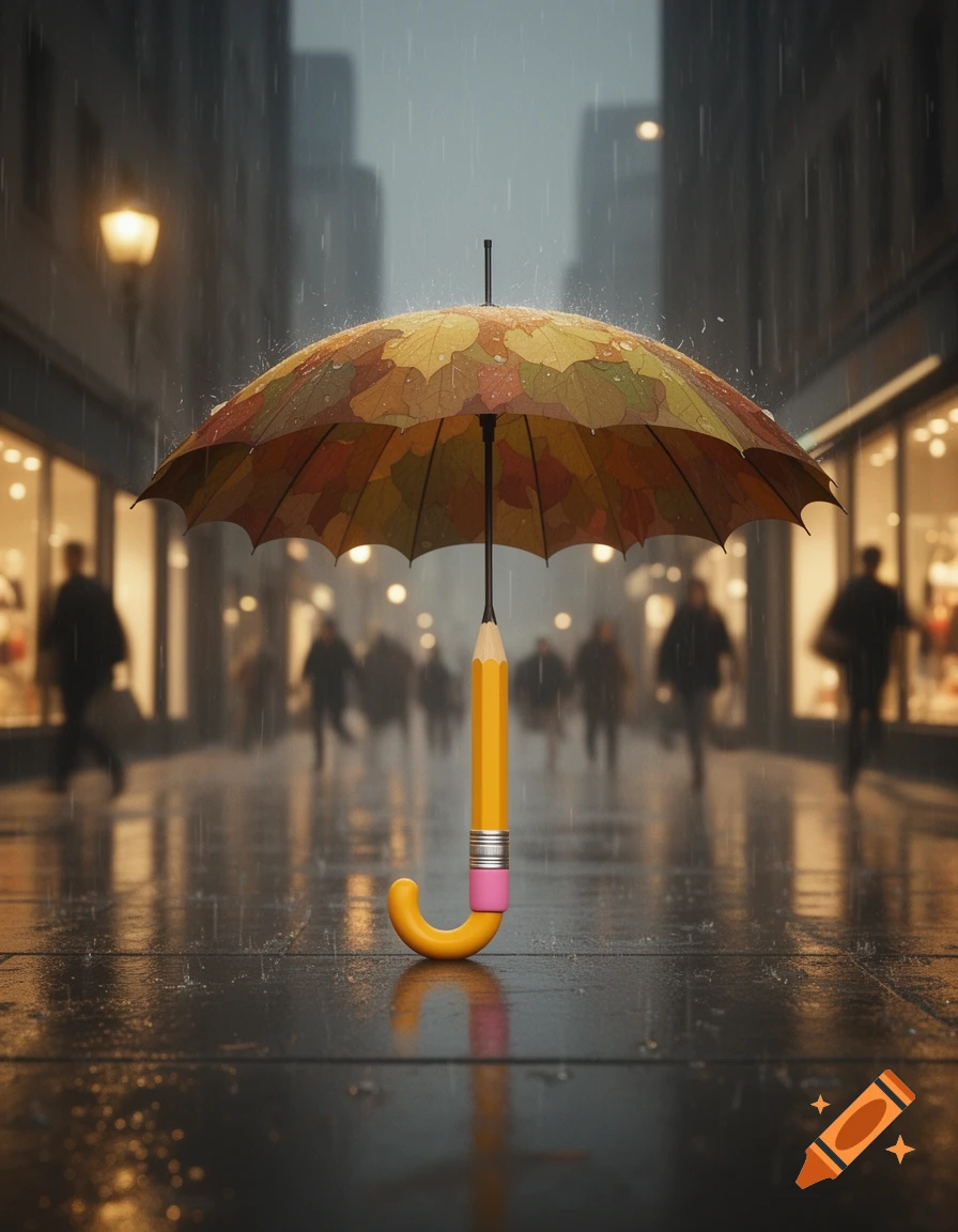 An umbrella with an autumn leaf pattern and a yellow pencil for a handle stands on a wet city street in the rain.