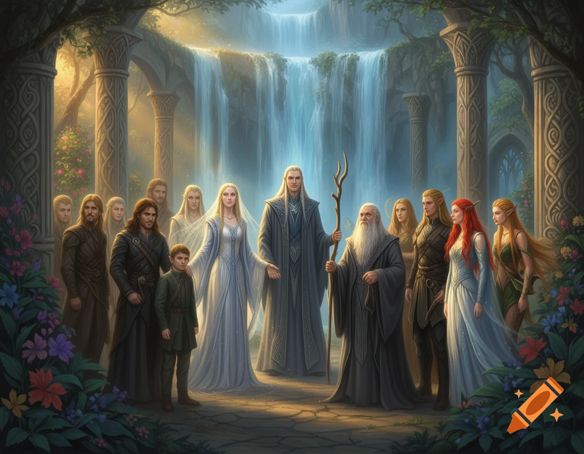 A gathering of fantasy characters, including elves and a wizard, stand in a mystical elven city with ornate pillars and waterfalls.