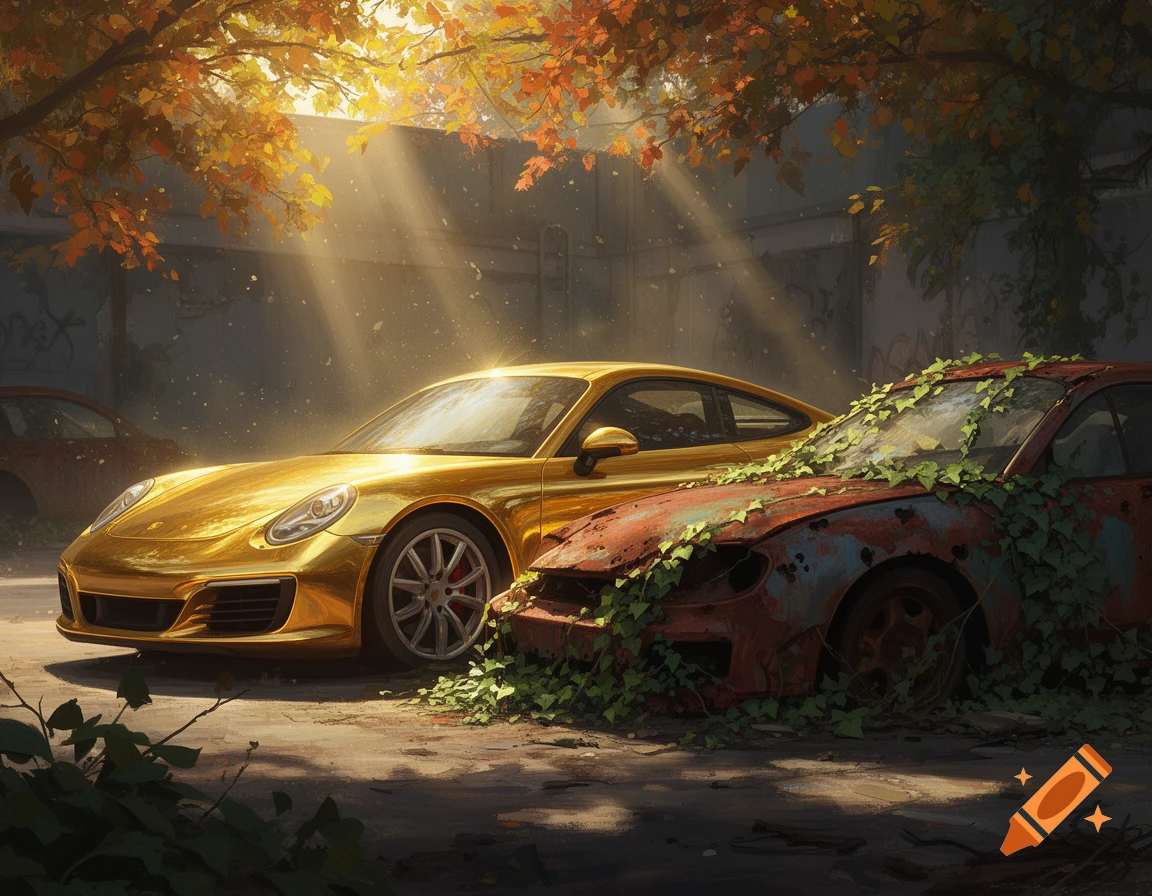 A shiny gold car parked next to a rusty, vine-covered car in an abandoned lot with autumn leaves and sunlight.