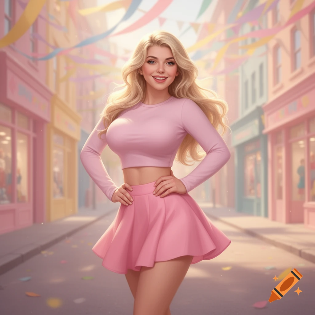 A smiling blonde woman in a pink long-sleeve crop top and short pink pleated skirt, posing confidently on a colorful street lined with buildings and banners.