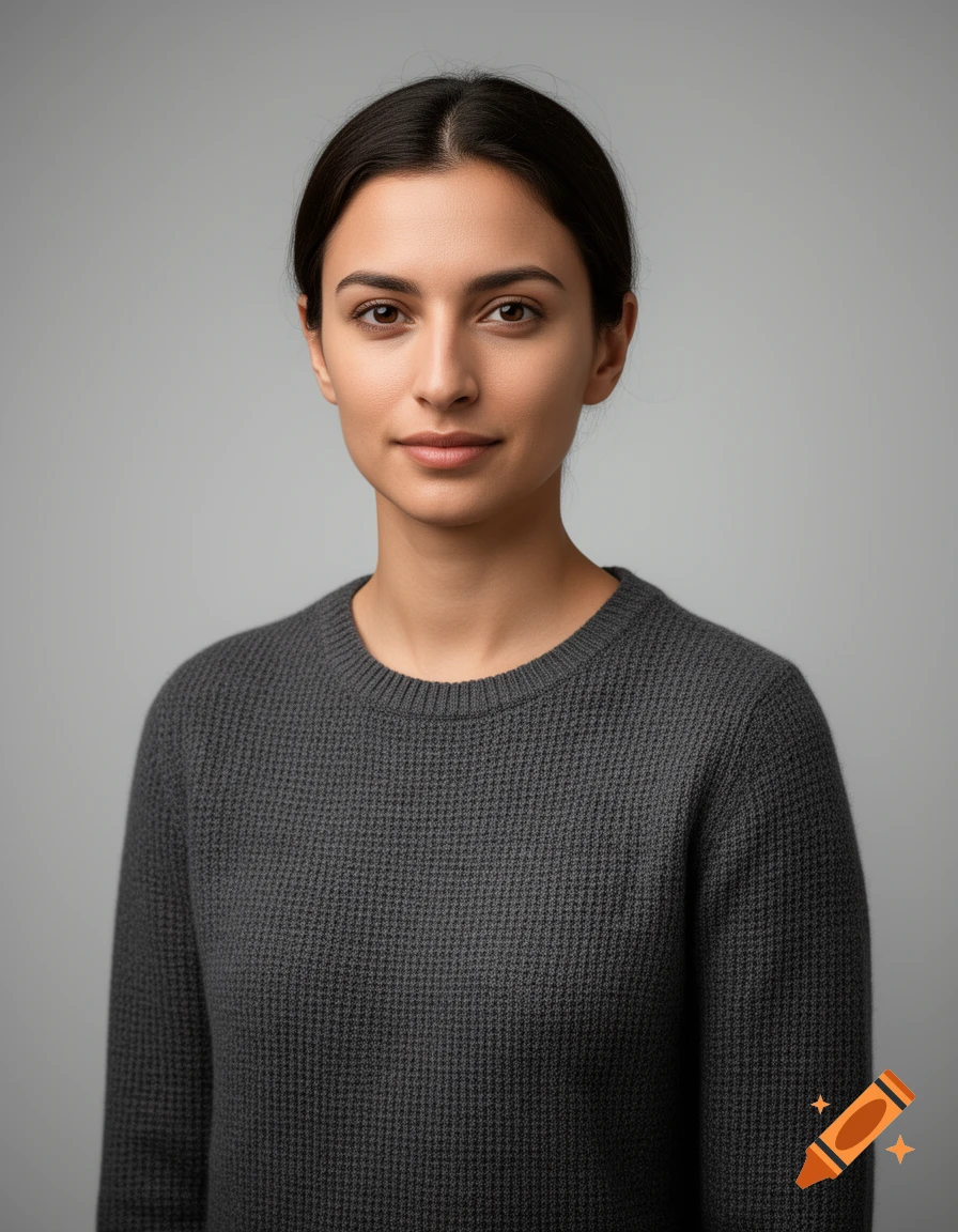 Photorealistic portrait of a young woman with dark hair in a gray ...