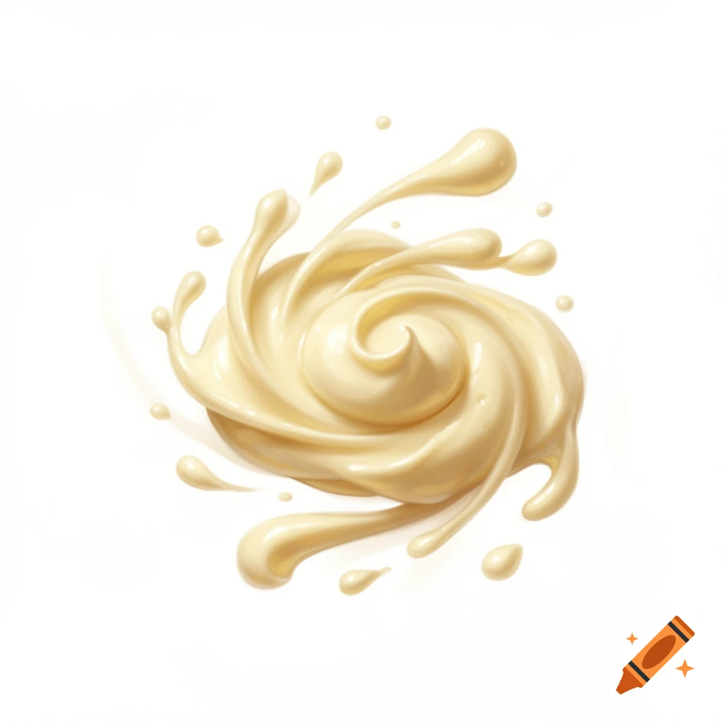 A creamy, light yellow substance swirls and splashes dynamically, resembling mayonnaise, on a clean white background.