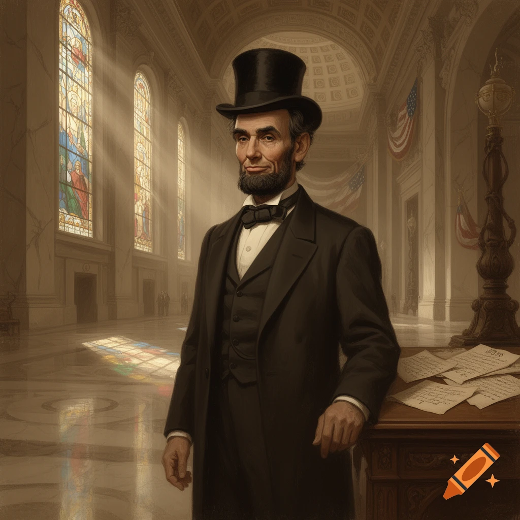 Abraham Lincoln in a top hat and suit, standing in a grand hall with stained glass windows and sunbeams.