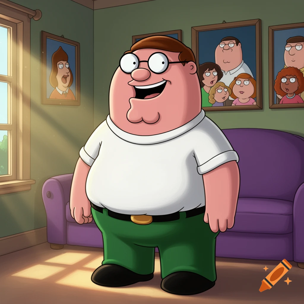 Peter Griffin from Family Guy stands smiling in a sunlit living room with a purple couch and framed family photos.