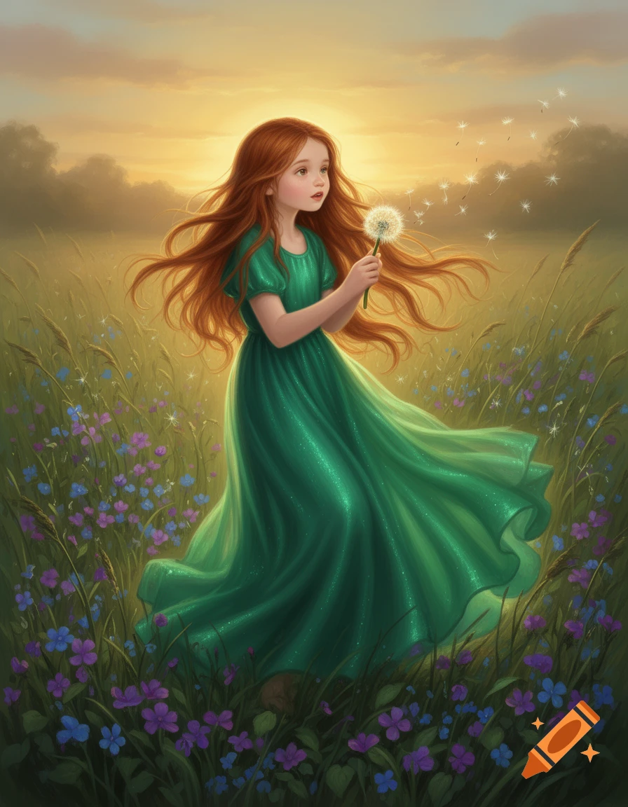 A young girl with long auburn hair and a flowing green dress stands in ...
