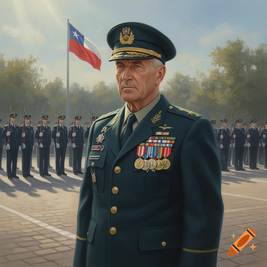 A senior military officer in a green uniform with medals stands at attention in front of a Chilean flag and a line of soldiers.