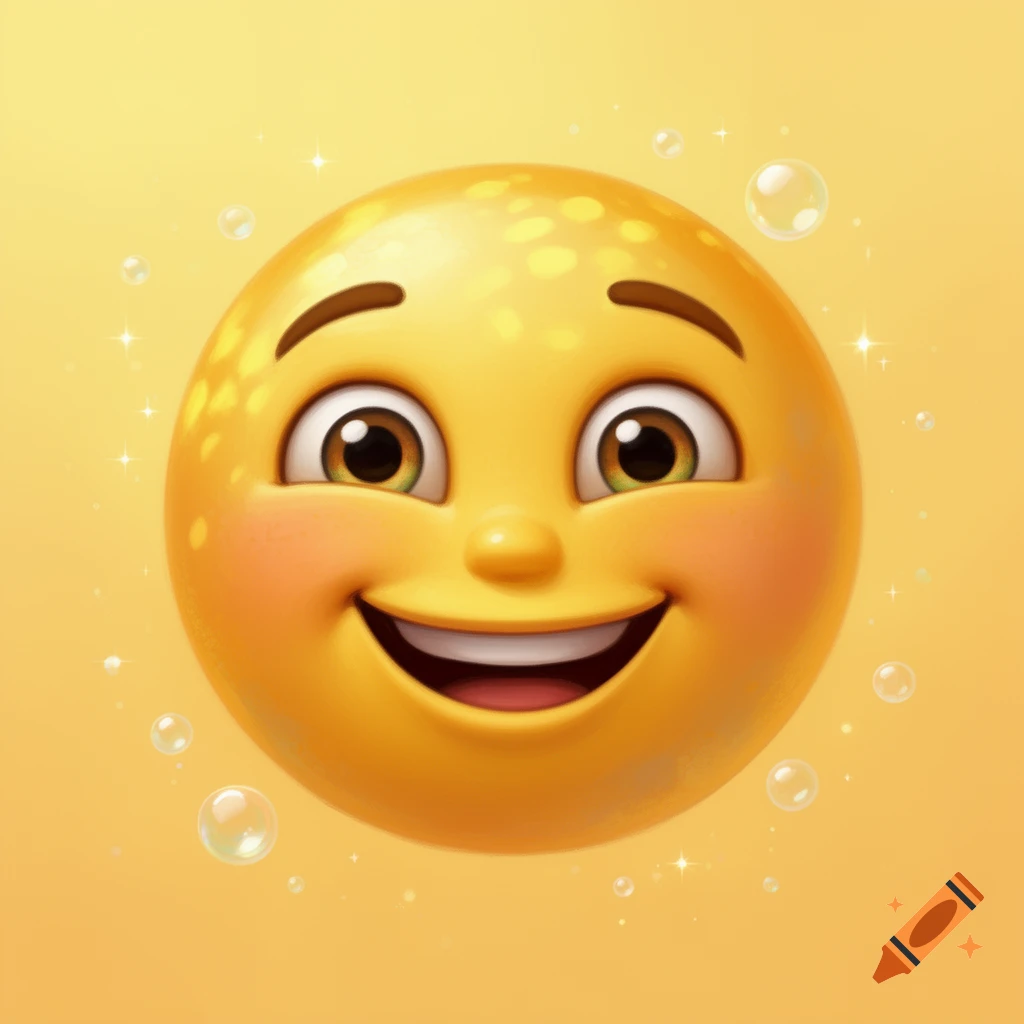 A 3D-rendered happy yellow emoji face with rosy cheeks and a wide smile, surrounded by bubbles and sparkles on a yellow background.