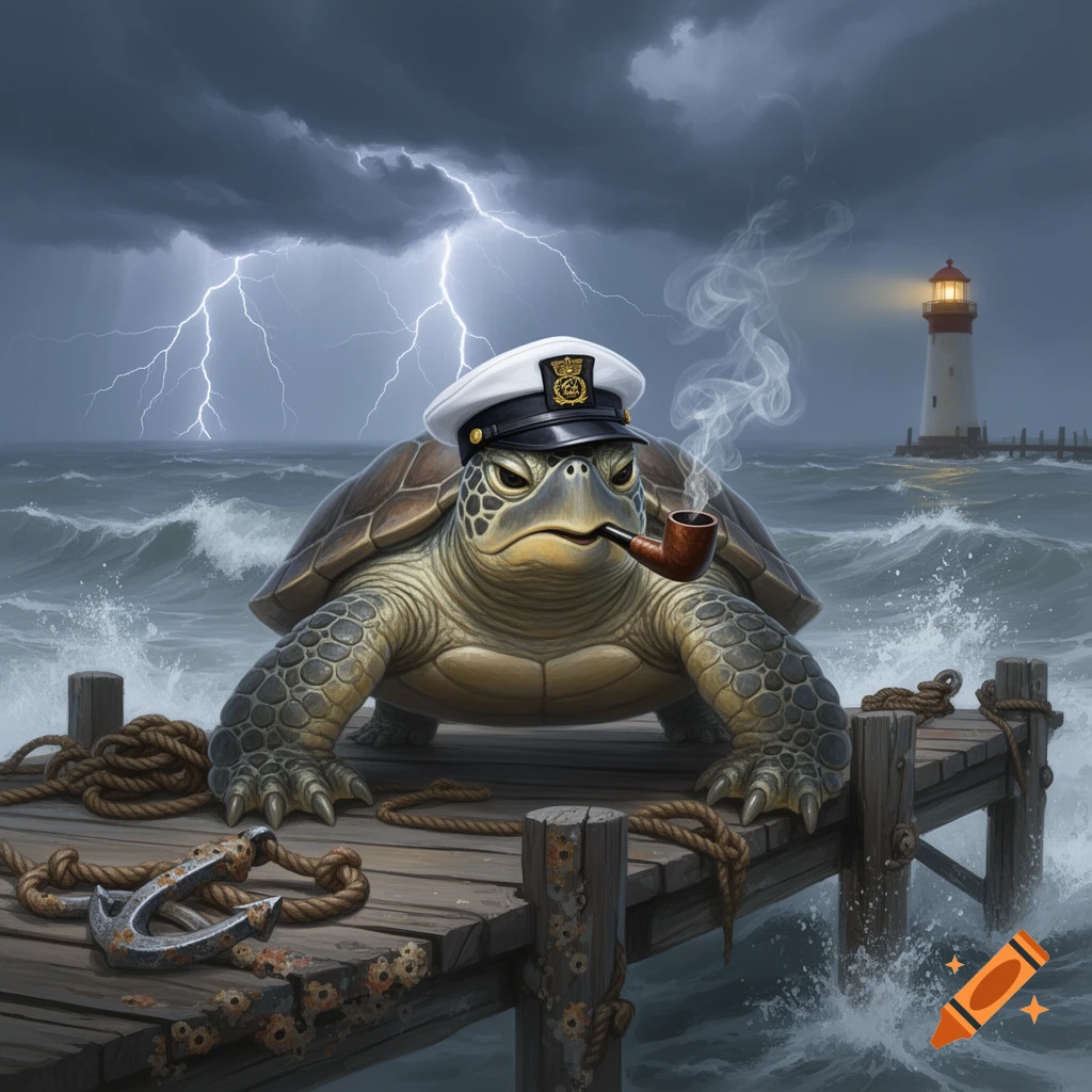 A grumpy captain turtle smoking a pipe on a stormy wooden pier with a lighthouse and lightning in the background.
