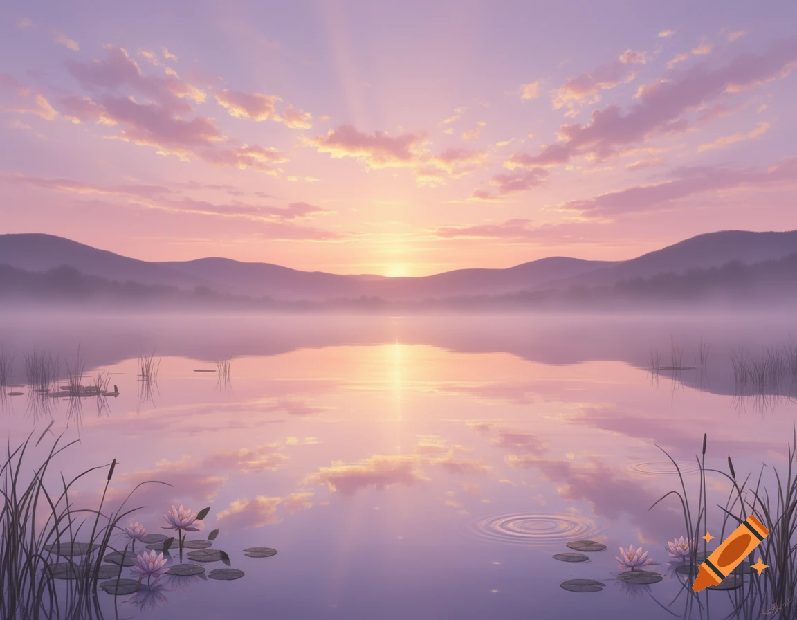 A serene sunrise over a calm lake reflecting pink and purple clouds, with distant mountains and water lilies in the foreground.