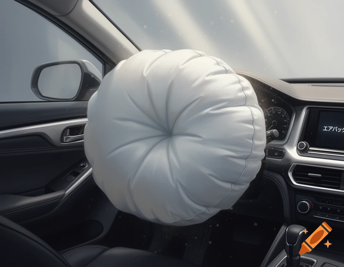 A white airbag deploys from the steering wheel in a modern car interior, seen from the passenger side.