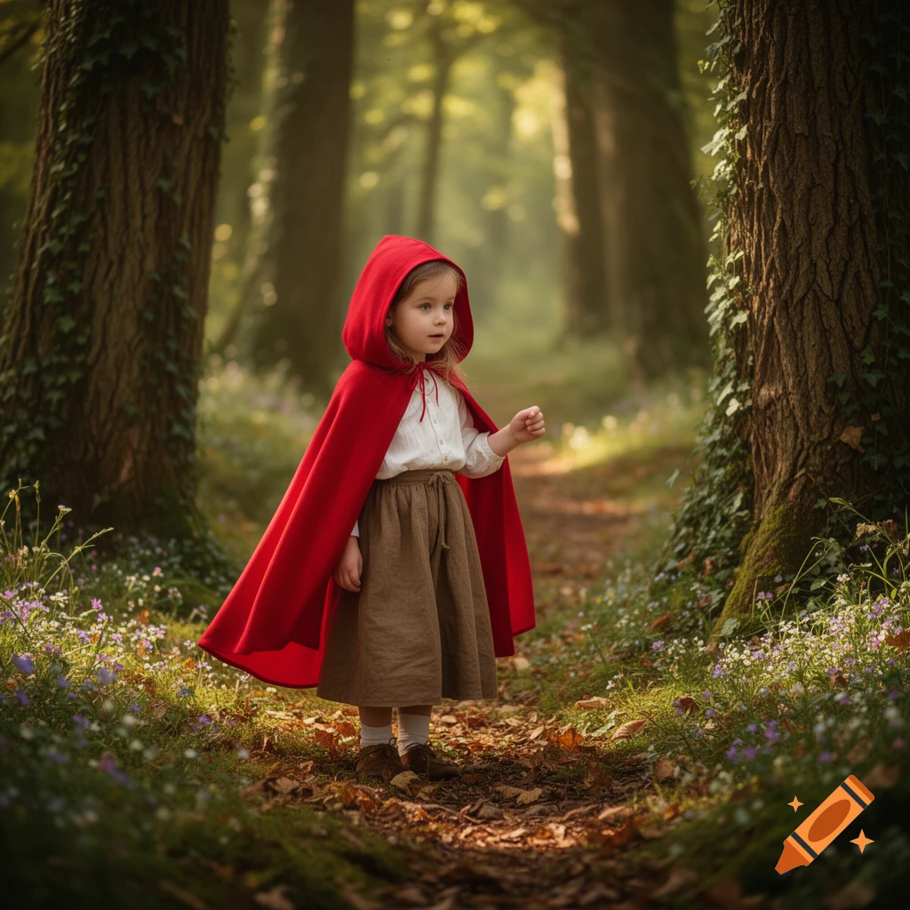 A young girl in a red hooded cape and brown skirt stands on a sunlit forest path, looking right.