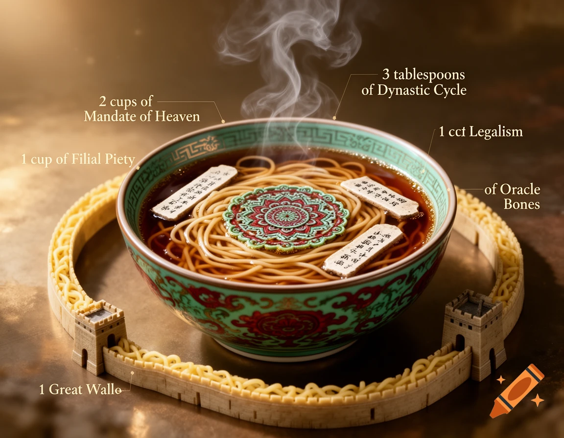 A stylized bowl of steaming ancient Chinese noodles with abstract 'ingredients' like 'Mandate of Heaven' and 'Filial Piety' labeled. A miniature Great Wall forms a barrier around the bowl.