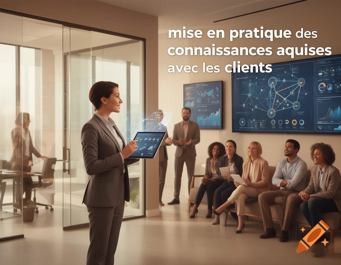 A woman in a business suit holds a tablet with a holographic interface, presenting to diverse professionals in a modern office with large screens displaying data. The text says "mise en pratique des connaissances acquises avec les clients".