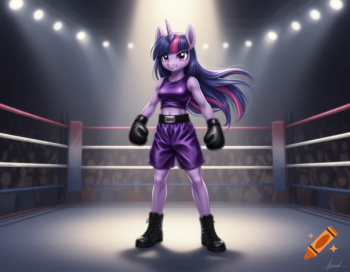 Twilight Sparkle from My Little Pony, in a purple boxing uniform with black gloves and boots, stands in a boxing ring under spotlights, anime realism style.