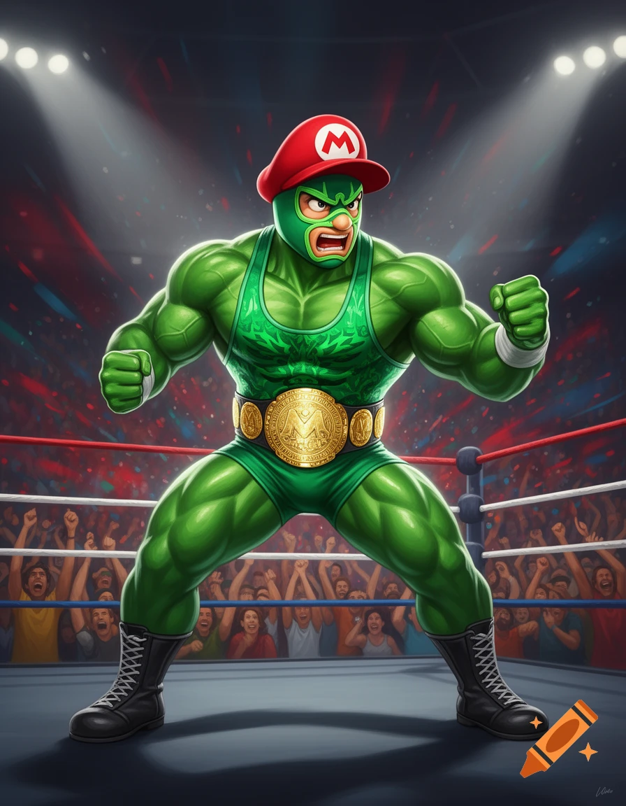 A muscly green luchador character, resembling Mario, in a red hat and a championship belt, stands in a brightly lit wrestling ring.