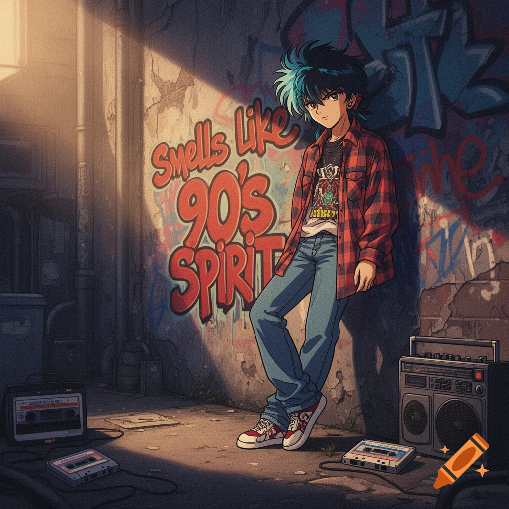 An anime character with blue and black hair in a plaid shirt and jeans leans against a graffiti-covered wall that reads "Smells like 90's Spirit" in a grungy alley.