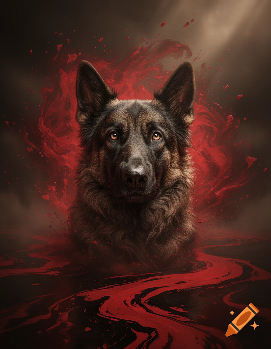 A majestic German Shepherd's head emerges from dark, swirling red liquid and splatters against a moody background.