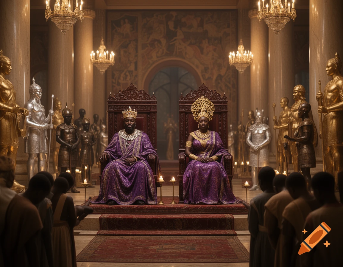 Photorealistic ancient African king and queen in purple robes sit on thrones in a grand palace, holding court amidst golden statues.