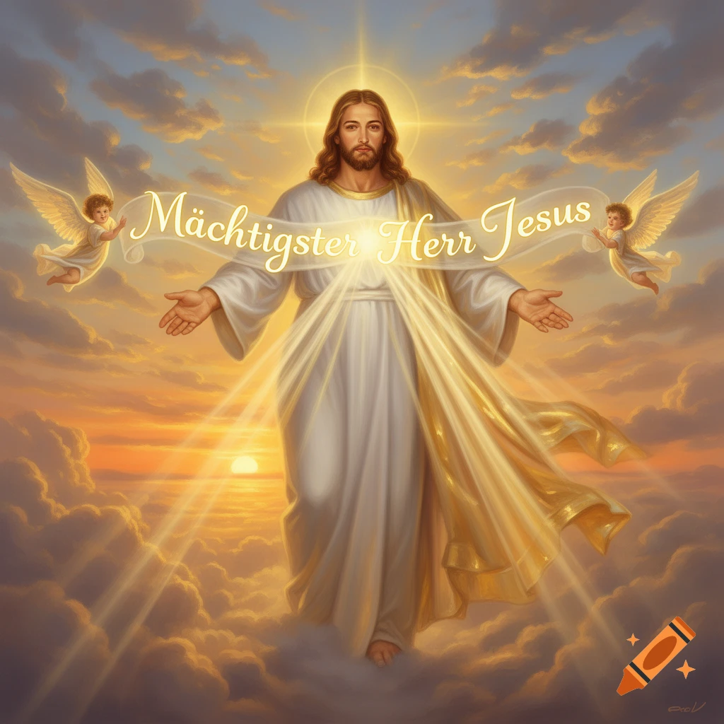 Jesus Christ with outstretched arms, glowing in a cloudy sunset sky, flanked by cherubs. A banner reads 'Mächtigster Herr Jesus'.