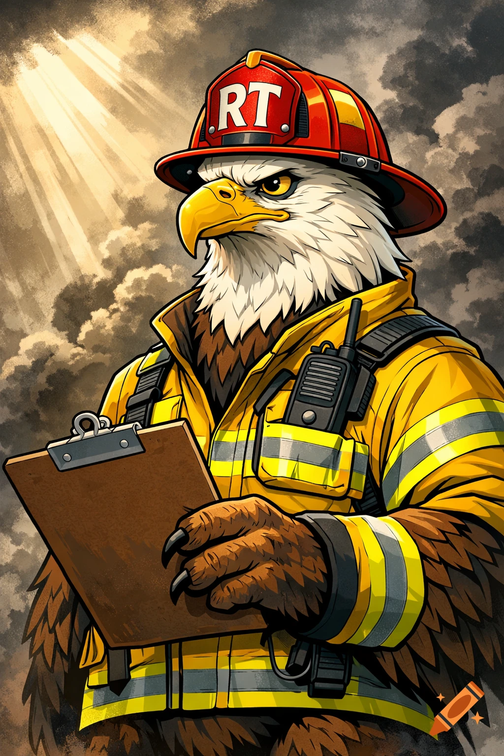 Comic art of an anthropomorphic eagle firefighter in a yellow jacket, red helmet with 'RT', holding a clipboard under a smoky, ray-filled sky.