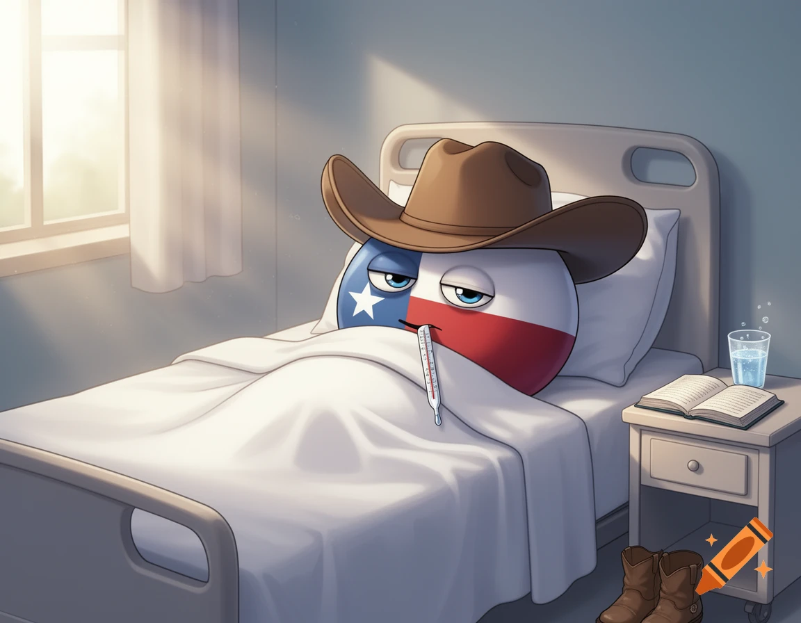 A Texas-flag countryball character in a cowboy hat lies sick in a hospital bed with a thermometer in its mouth. A glass of water and an open book are on a nightstand beside the bed.