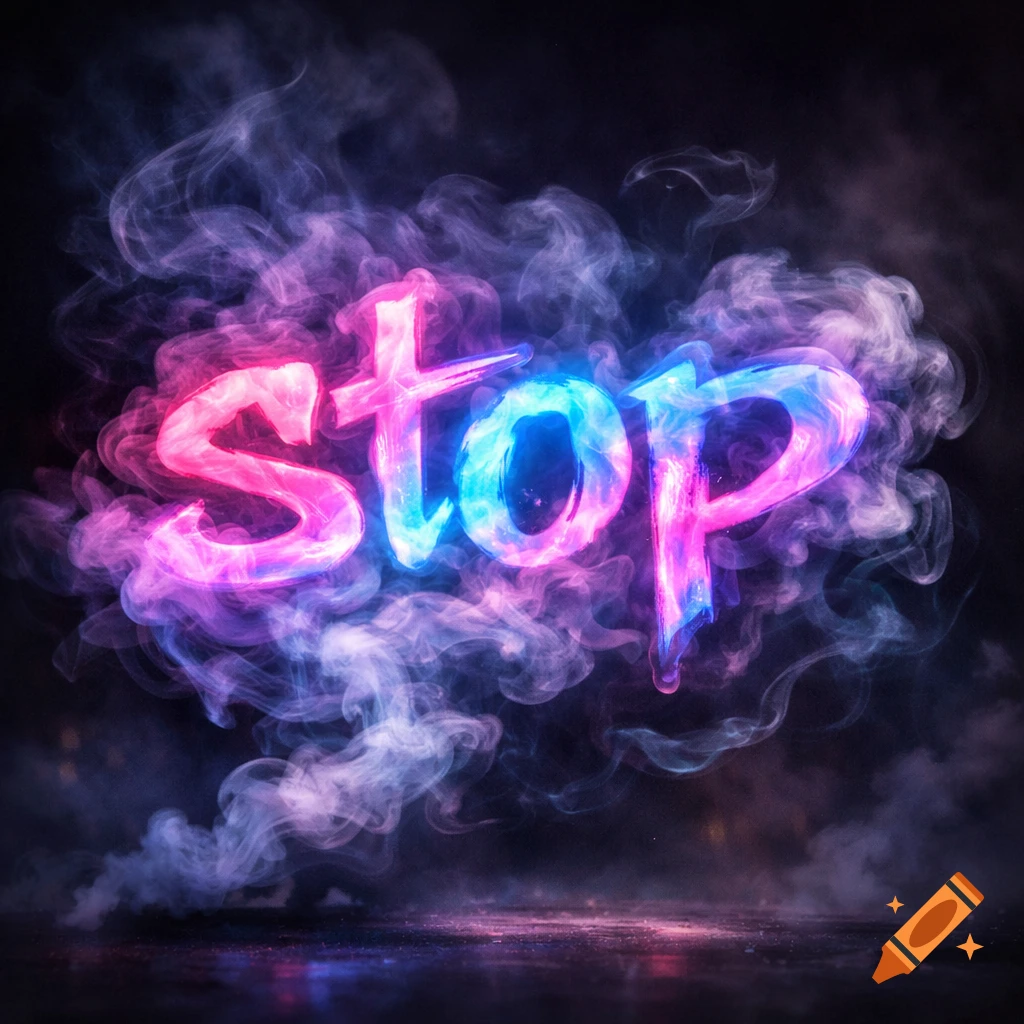 Neon pink and blue smoke spelling out 'stop' against a dark background, reflecting on a wet surface.