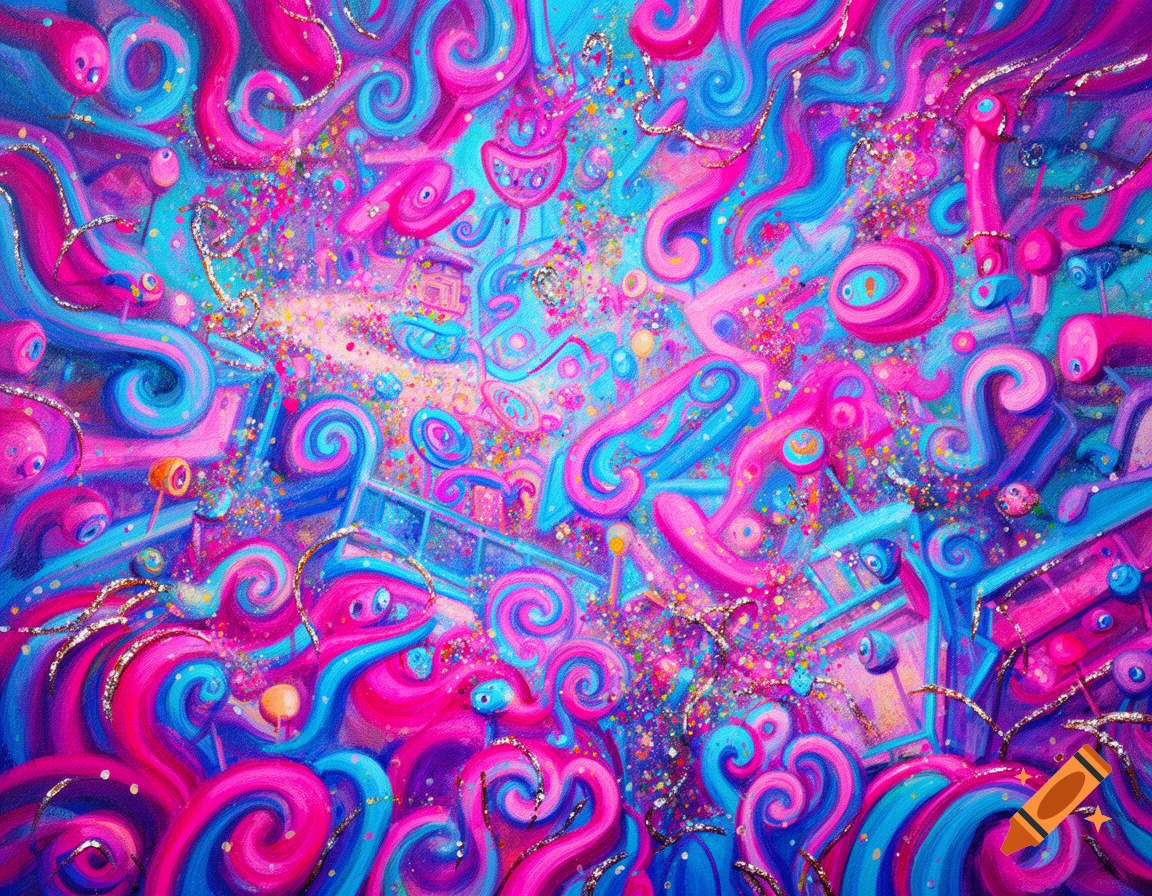 Vibrant psychedelic abstract art with flowing pink, blue, and purple swirls, glittering lines, and scattered confetti-like elements.