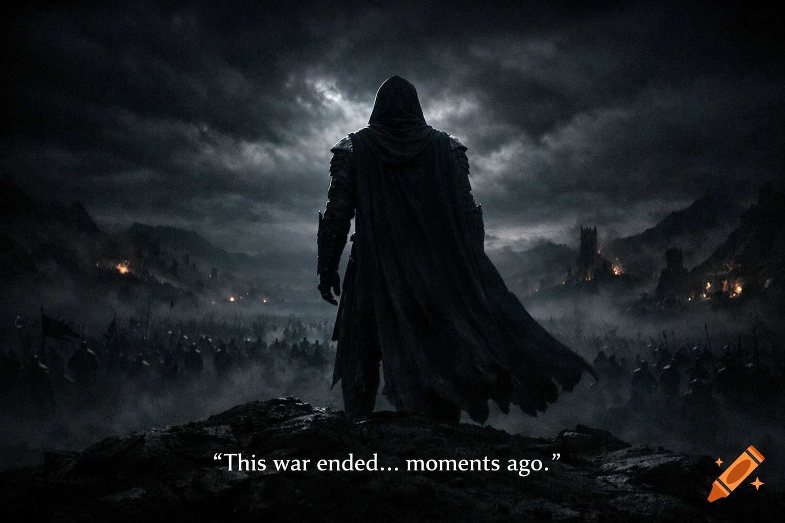 A hooded warrior stands on a hill overlooking a dark, stormy battlefield with burning structures and silhouetted soldiers. Text: "This war ended... moments ago."