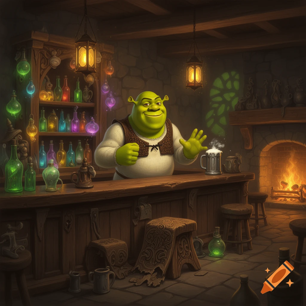Shrek, the green ogre, smiles and waves from behind a rustic bar in a glowing fantasy tavern filled with colorful potions.