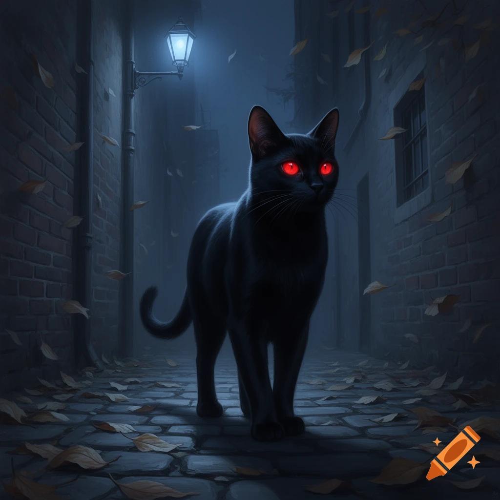 A black cat with glowing red eyes stands in a dark, foggy alley with ...