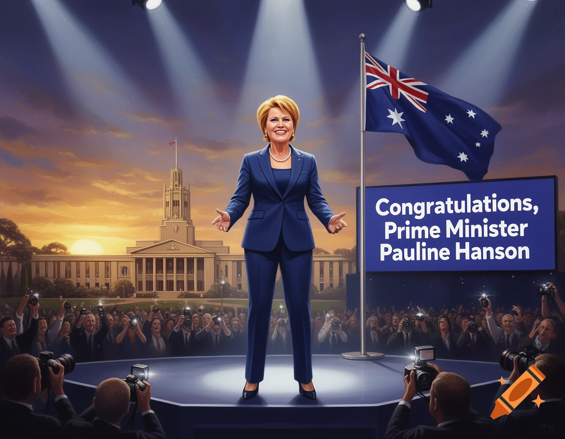 Pauline Hanson on a stage with a crowd, Australian Parliament House, and a screen reading 'Congratulations, Prime Minister Pauline Hanson'.