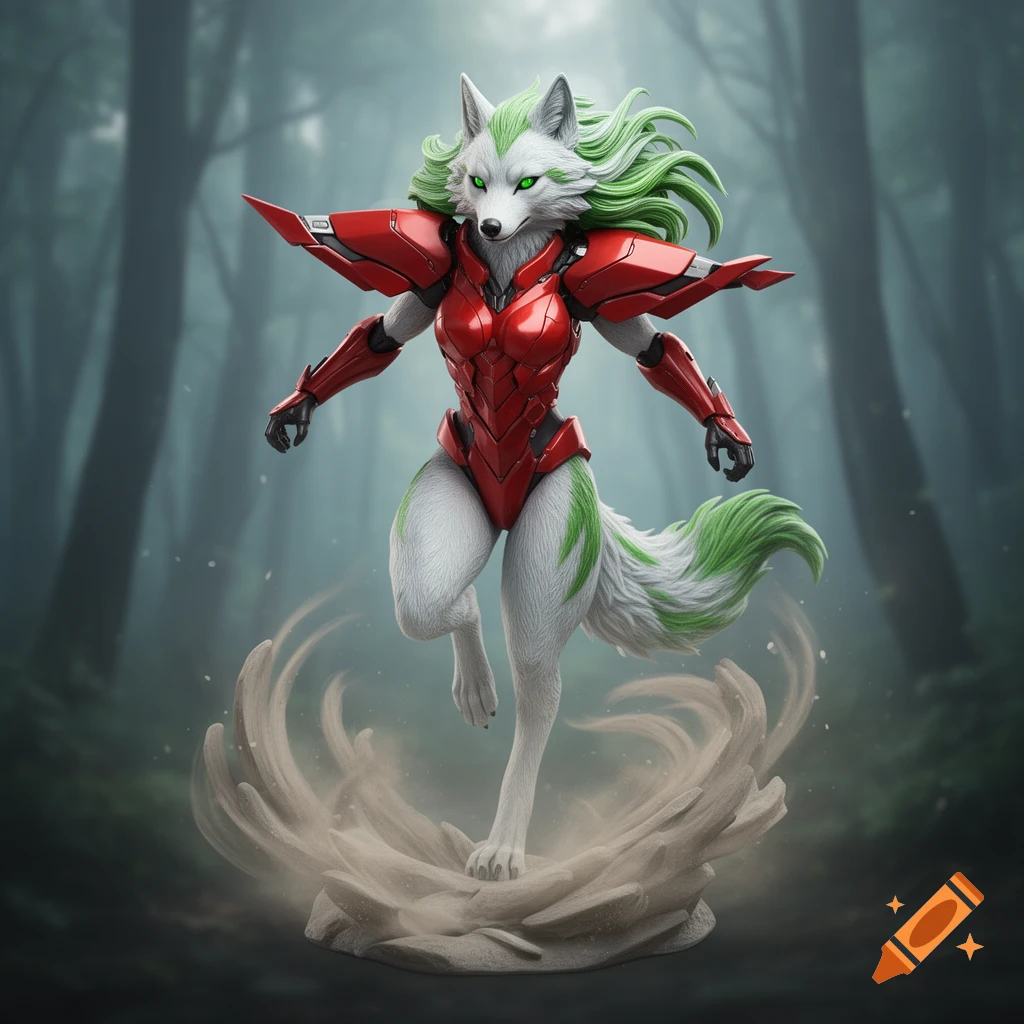 Stylized action figure of an anthropomorphic white wolf with green hair streaks and red futuristic armor, striking a dynamic pose in a forest.