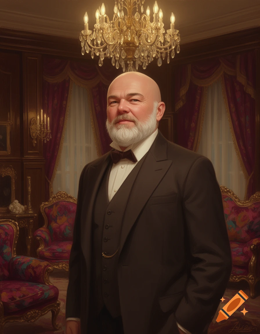 A bald man with a white beard in a dark suit and bow tie stands in a luxurious room with a chandelier, in a realistic painting.