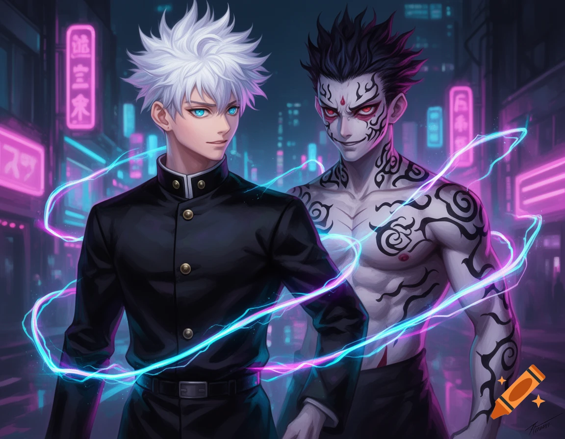 Anime-style illustration of two men, one with white spiky hair and blue eyes, and another with black hair and red eyes with tribal tattoos on his chest, surrounded by glowing neon lines in a city at night.