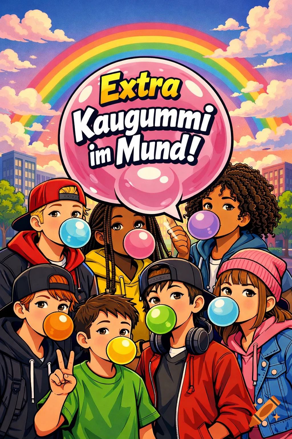 Vibrant cartoon illustration of diverse teenagers blowing colorful bubble gum, with 'Extra Kaugummi im Mund!' in a speech bubble, against an urban rainbow background.