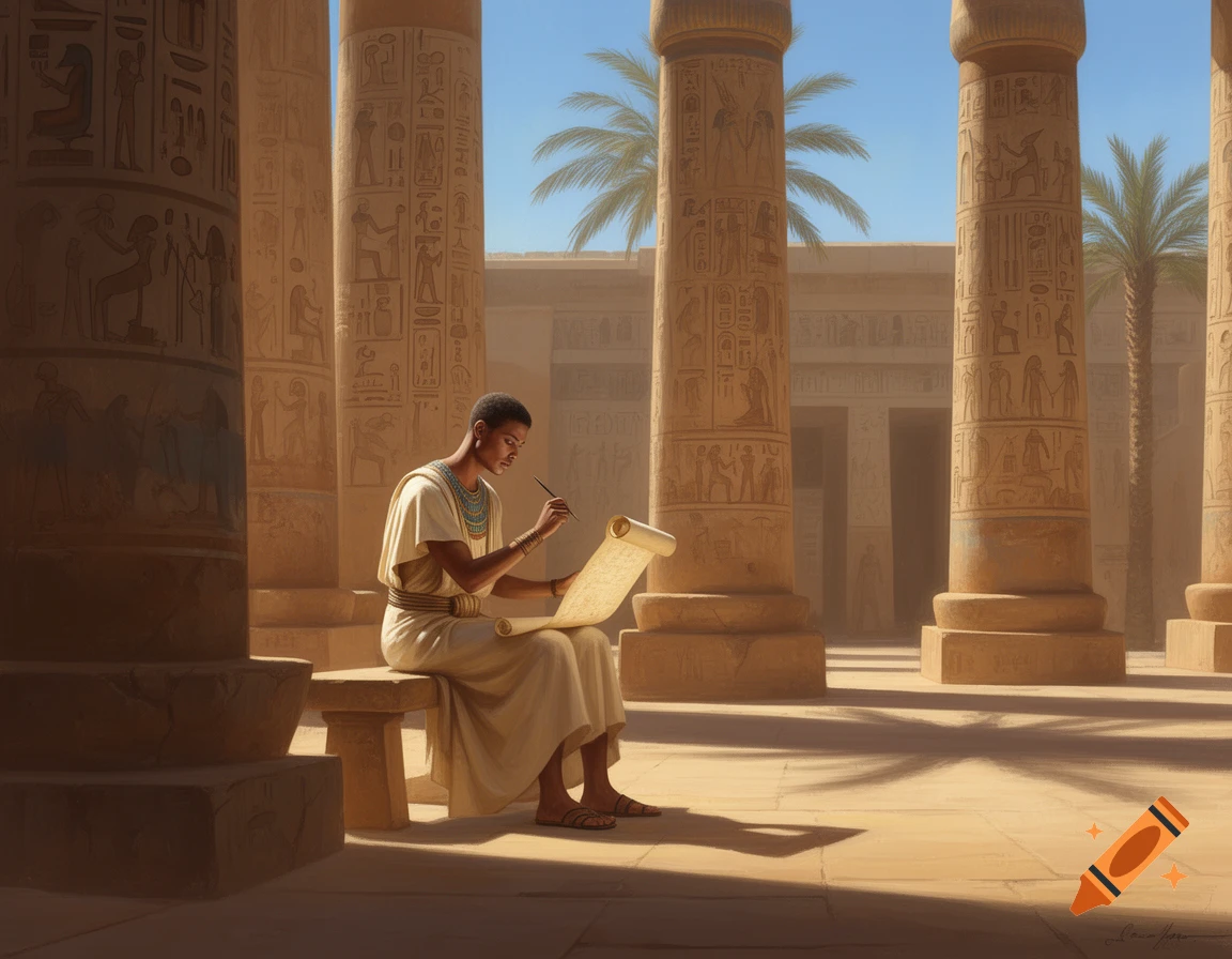 An ancient Egyptian scribe sits on a bench, writing on a scroll amidst towering, hieroglyph-covered temple pillars under a clear sky.