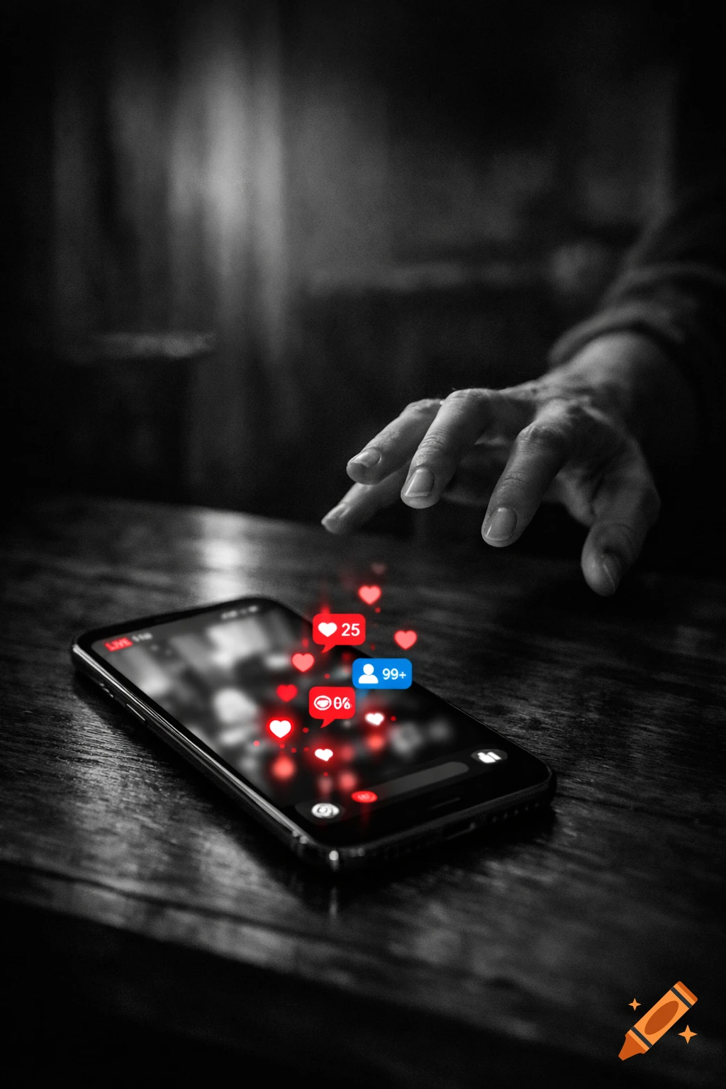 A black and white image of a hand reaching for a smartphone displaying red heart and blue follower notifications.