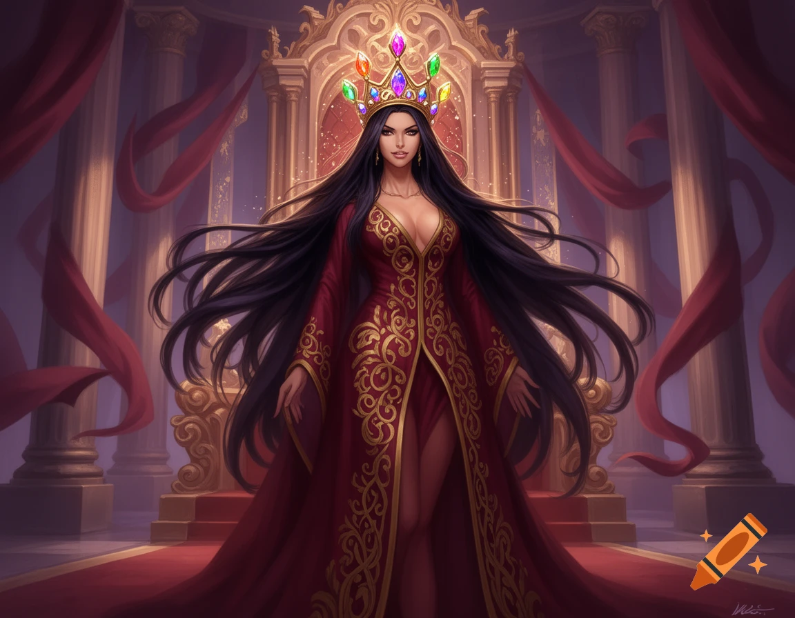 A beautiful woman with long dark hair, wearing a red and gold ornate gown and a jeweled crown, stands before a golden throne.