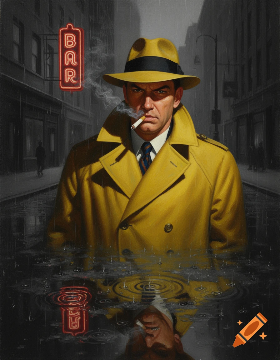An illustration of a stern man in a yellow trench coat and fedora, smoking in a rainy city street with a neon BAR sign.