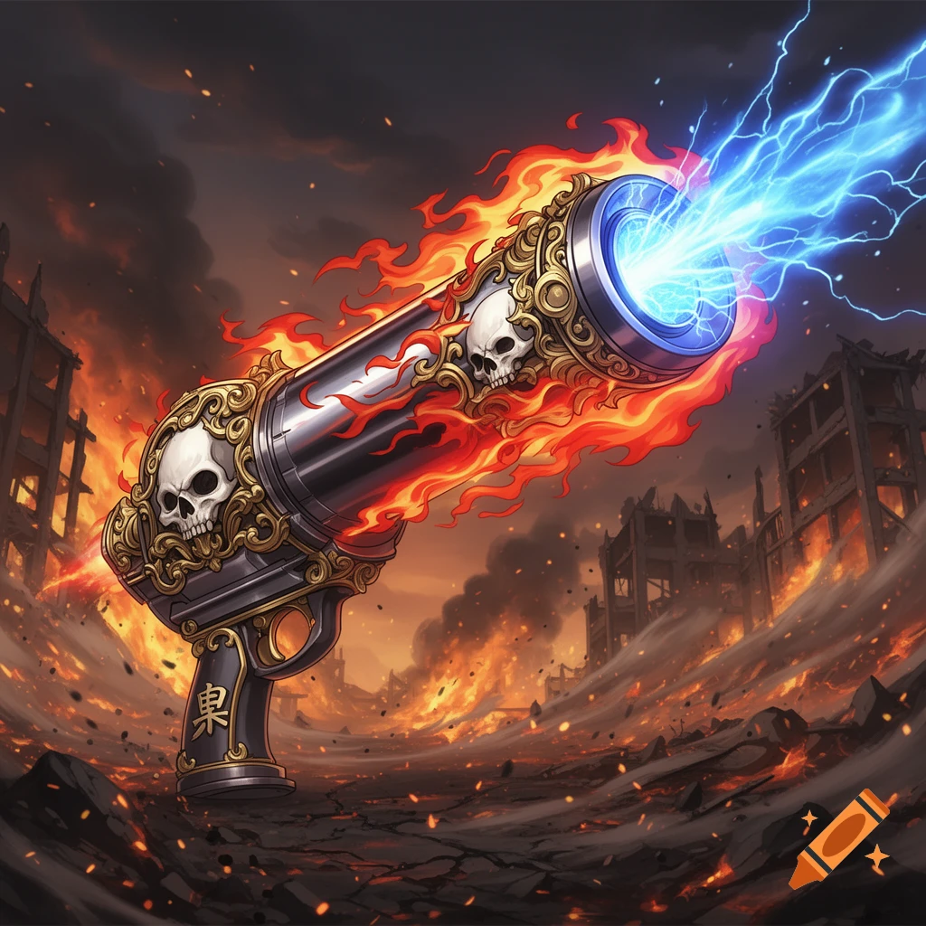 An anime-style plasma cannon adorned with skulls and flames, firing a blue lightning beam in a fiery, ruined cityscape.