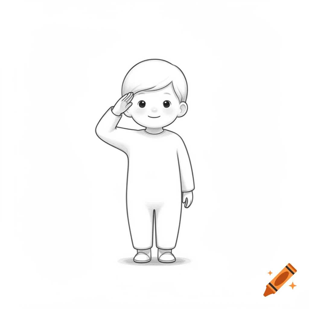 A cute, minimalistic black and white line art drawing of a young boy saluting with a happy expression.