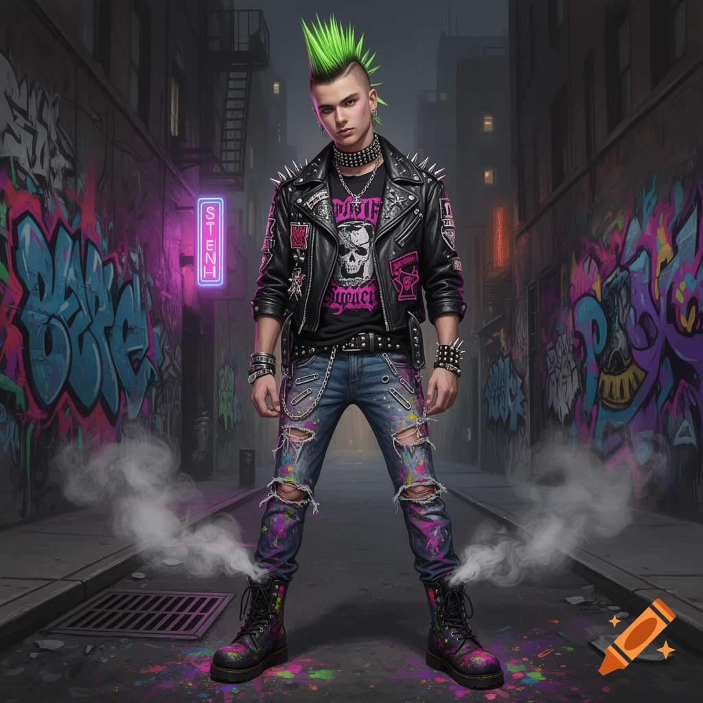 A person with a bright green mohawk, dressed in punk fashion with a studded leather jacket, ripped jeans, and combat boots, stands in a graffiti-covered alleyway with smoke effects.