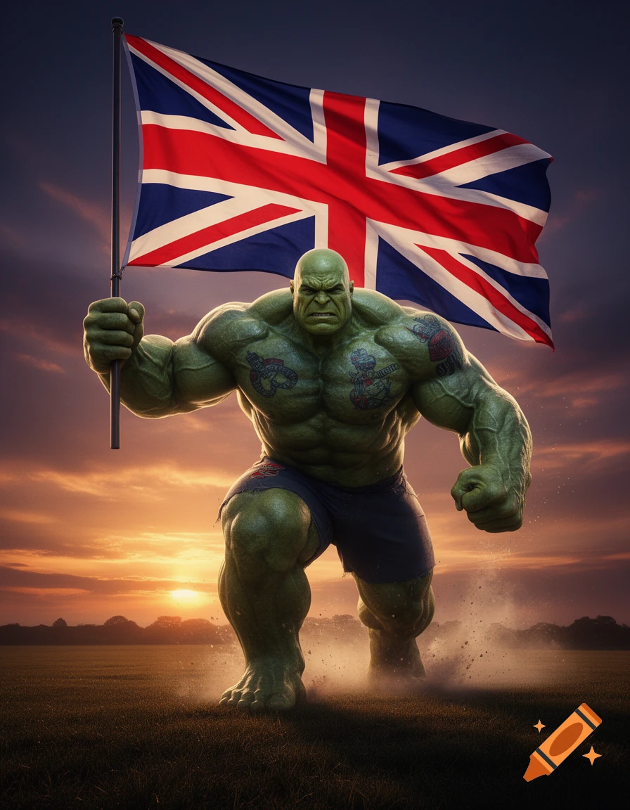 A muscular, green, Hulk-like figure with tattoos runs across a grassy field, holding a large Union Jack flag against a sunset sky.
