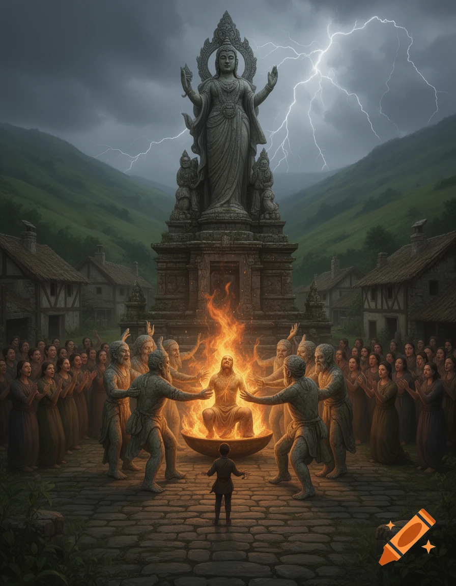 A ritual with a person in a fiery pit surrounded by worshippers and a massive statue under a stormy sky with lightning.